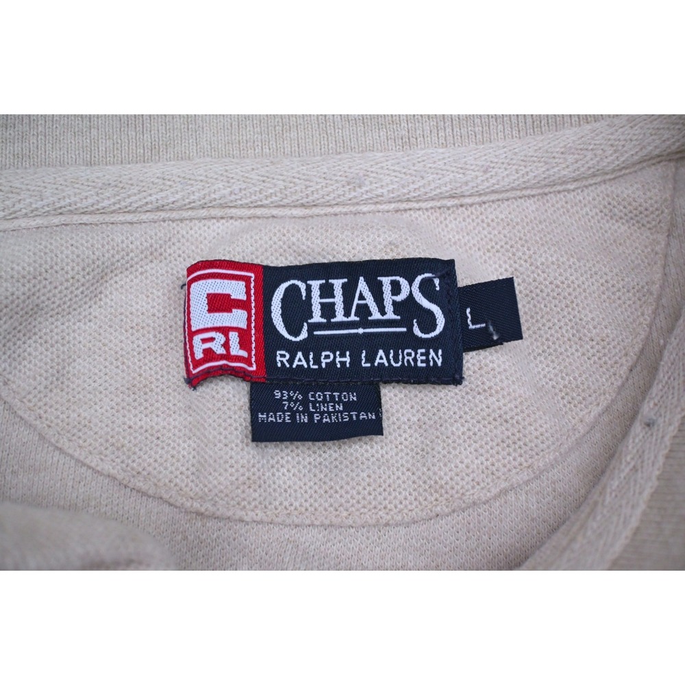 Chaps Ralph Lauren Vintage 90s Mens L Cotton Linen Polo Shirt Cream Long Sleeve - Picture 5 of 8